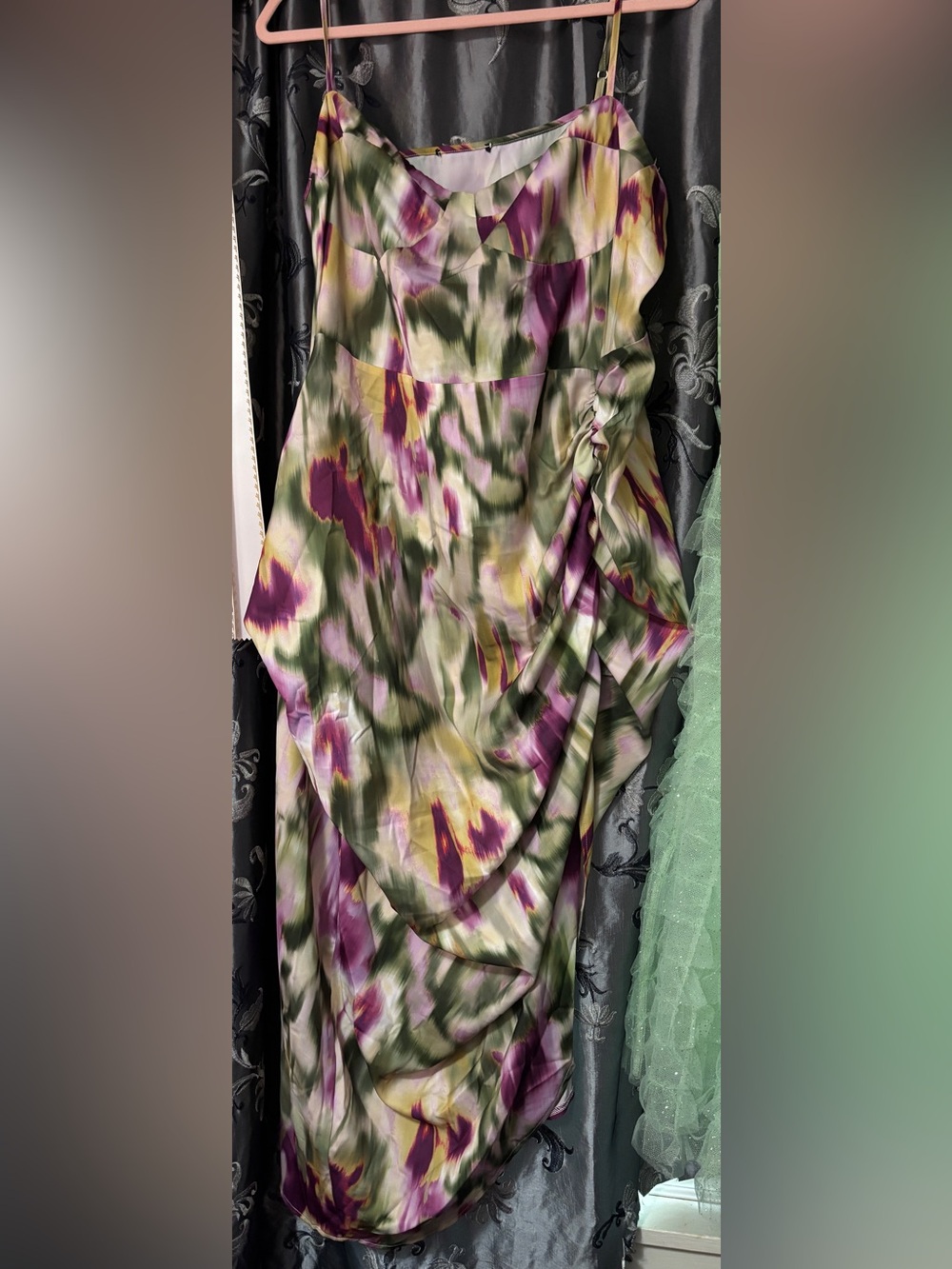 Cider Green and Purple Tie-Dye Satin Slip Dress - Picture 2 of 8